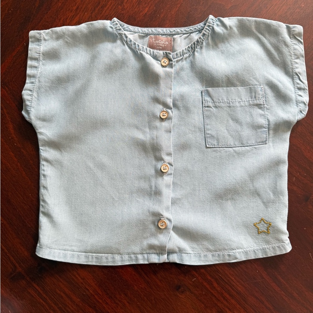 Tocoto Vintage Light Blue Button-Front Kids Shirt with Pocket - 12m